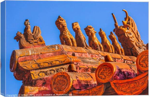 Roof Figurines Yellow Roofs Gugong Forbidden City Beijing China Canvas Print by William Perry