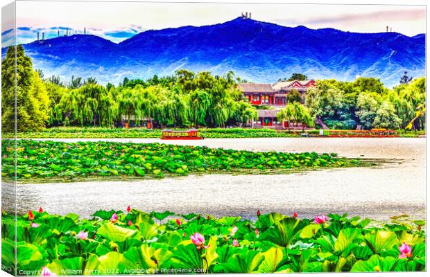 Lotus Garden Boat Buildings Summer Palace Beijing, Canvas Print by William Perry
