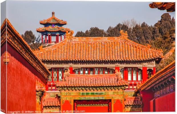 Stone Gate Yellow Roofs Forbidden City Palace Beijing China Canvas Print by William Perry