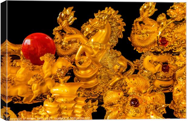 Golden Statues Horses Wat Ratchanaddaram Bangkok Thailand Canvas Print by William Perry