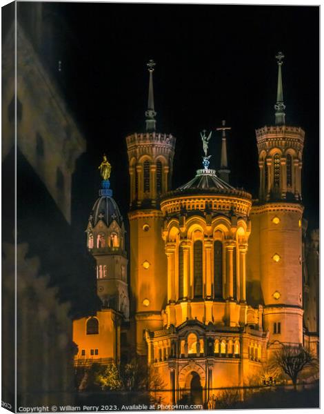 Basilica of Notre Dame Illuminated Outside From Downtown Lyon Fr Canvas Print by William Perry