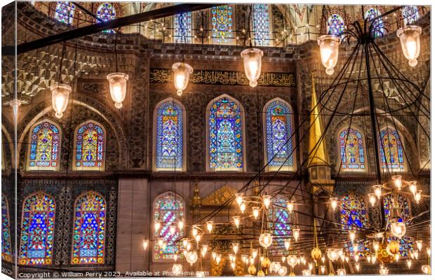 Blue Mosque Lights Basilica Stained Glass Istanbul Turkey Canvas Print by William Perry