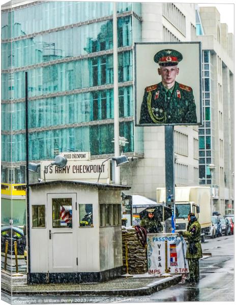 Checkpoint Charlie Today Snowing West Berlin Germany Canvas Print by William Perry