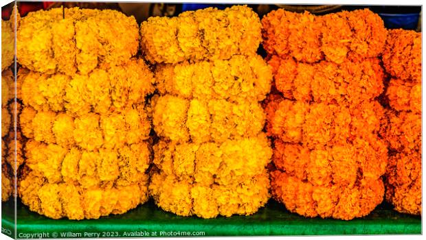 Colorful Marigold Wreaths Flower Market Bangkok Thailand Canvas Print by William Perry