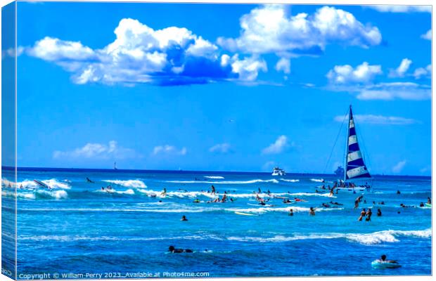 Colorful Sailboat Surfers Swimmers Waikiki Beach Honolulu Hawaii Canvas Print by William Perry