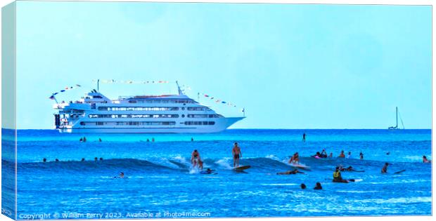 Colorful Surfers Swimmers Cruise Ship Waikiki Beach Honolulu Haw Canvas Print by William Perry