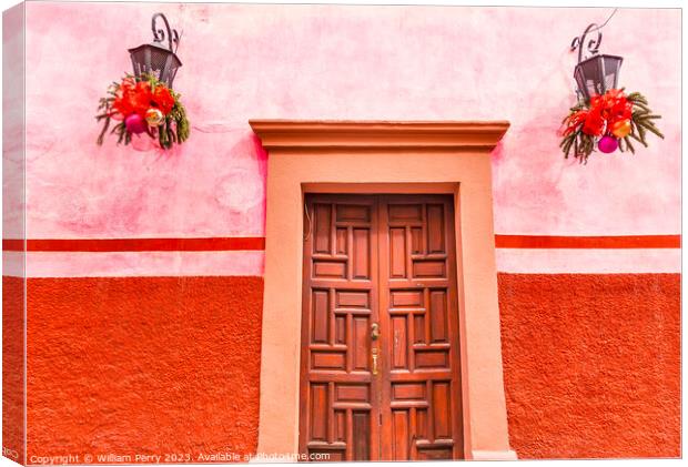 Pink Red Wall Brown Door Christmas San Miguel Allende Mexico Canvas Print by William Perry