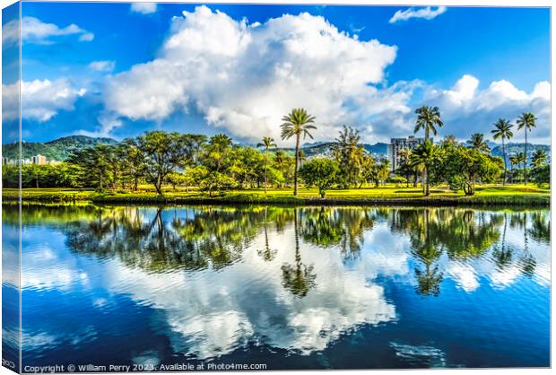 Colorful Green Trees Clouds Ala Wai Canal Reflection Honolulu Ha Canvas Print by William Perry