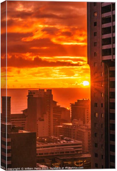 Colorful Sunset Pacific Ocean Buildings Waikiki Honolulu Hawaii Canvas Print by William Perry