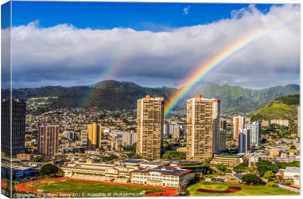 Colorful Double Rainbows Buildings Waikiki Honolulu Hawaii Canvas Print by William Perry