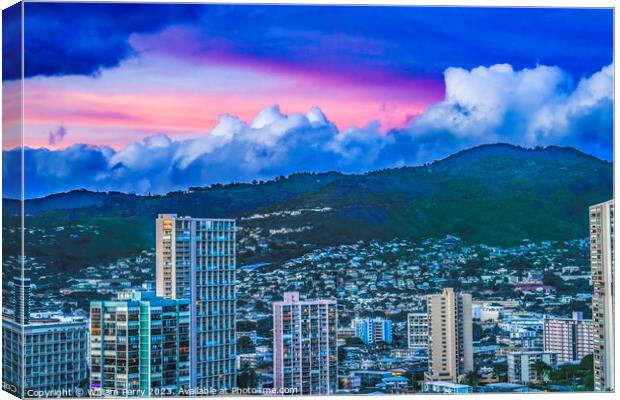 Colorful Pink Sunset Buildings Tantalus Waikiki Honolulu Hawaii Canvas Print by William Perry