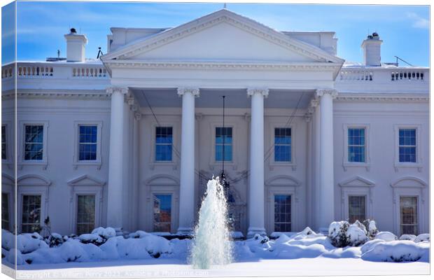 White House Fountain  Snow Pennsylvania Ave Washington DC Canvas Print by William Perry