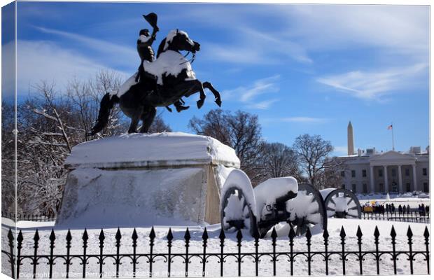 Jackson Statue Canons Lafayette Park White House After Snow Penn Canvas Print by William Perry