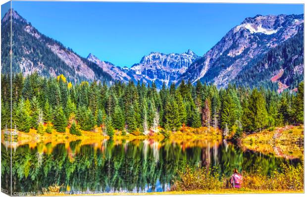 Gold Lake Reflection Pink Hiker Mt Chikamin Peak Washington  Canvas Print by William Perry