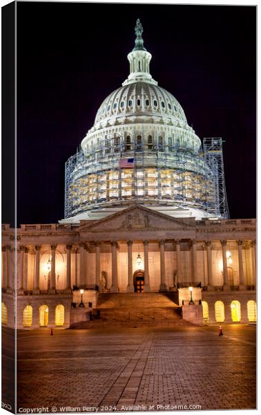 US Capitol North Side Construction Close Up Flag Night Stars Was Canvas Print by William Perry