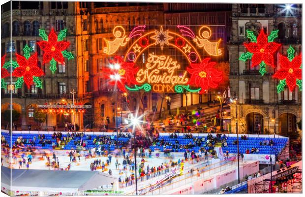 Mexico City Zocalo Christmas Night Ice Skating Rin Canvas Print by William Perry