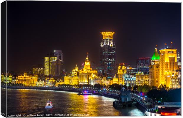 Bund Skyscrapers Night Lights Shanghai China Canvas Print by William Perry