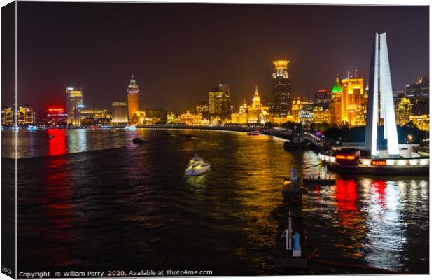 Monument Heroes Huanpu River Bund Night Lights Sha Canvas Print by William Perry