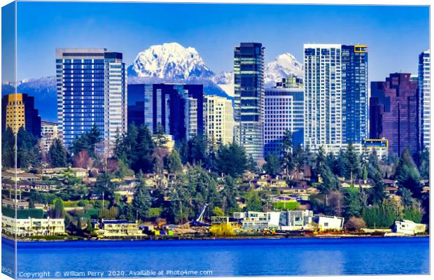 Buildings Lake Washington Snow Mountains Bellevue  Canvas Print by William Perry