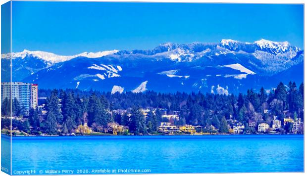 Lake Washington Snow Capped Mountains Bellevue Washington Canvas Print by William Perry