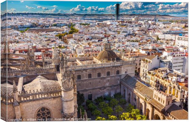 City View from Giralda Tower Seville Cathedral Garden Bull Ring Seville Spain Canvas Print by William Perry