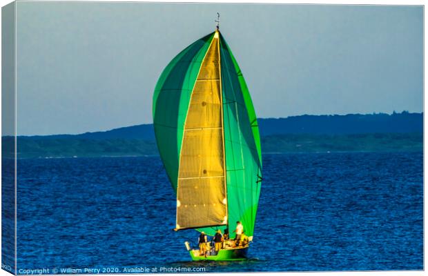 Green Sailboat Racing Padanaram Harbor Dartmouth M Canvas Print by William Perry