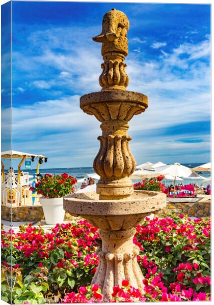 Fountain Pink Bougainvillea Beach Restaurants Cabo San Lucas Mexico Canvas Print by William Perry