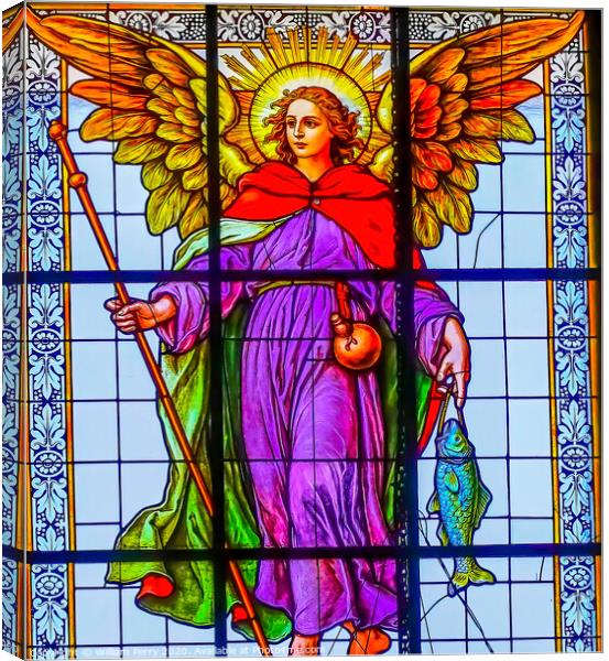 Archangel Raphael Stained Glass Puebla Cathedral Mexico Canvas Print by William Perry