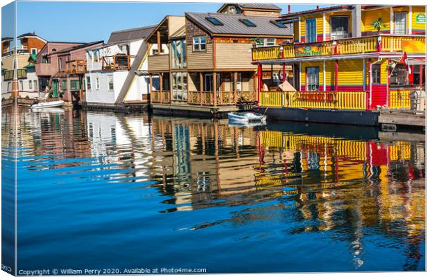 Floating Home Village Yellow Brown Houseboats Victoria Canada Canvas Print by William Perry