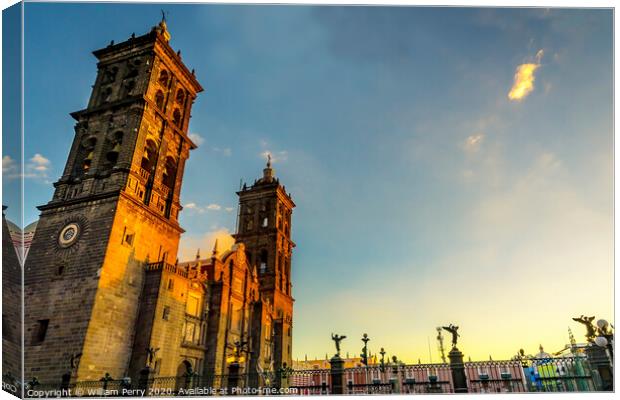 Facade Angels Outside Sunset Puebla Cathedral Mexico Canvas Print by William Perry