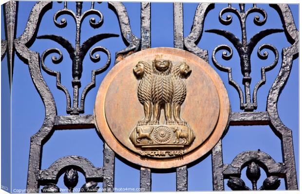 Indian Three Lions Emblem Rashtrapati Bhavan The Iron Gates Offic Canvas Print by William Perry