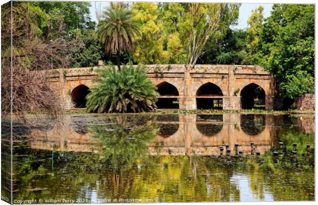 Athpula Stone Bridge Reflection  Lodi Gardens New Delhi India Canvas Print by William Perry
