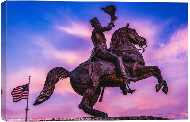 Flag Andrew Jackson Statue Sunset New Oreleans Louisiana Canvas Print by William Perry
