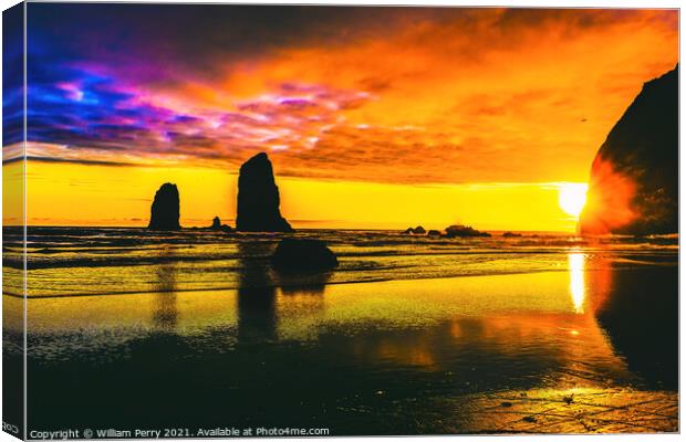 Colorful Sunset Haystack Rock Sea Stacks Canon Beach Oregon Canvas Print by William Perry