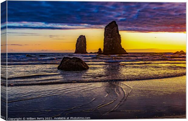 Colorful Sunset Sea Stacks Canon Beach Oregon Canvas Print by William Perry