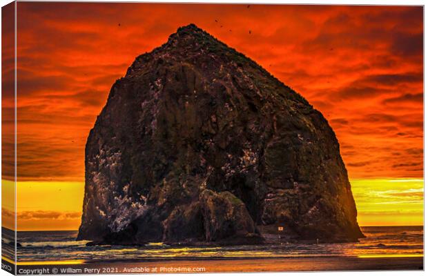 Colorful Sunset Haystack Rock Sea Stack Canon Beach Oregon Canvas Print by William Perry