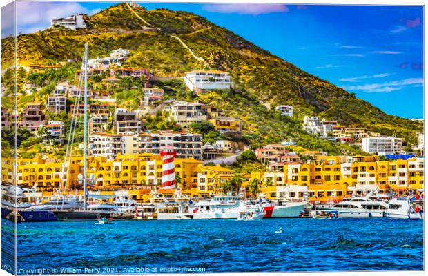 Lighthouse Yachts Boats Marina Central Stores Cabo San Lucas Mex Canvas Print by William Perry