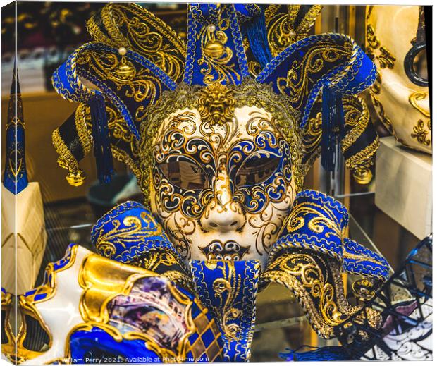 Blue Golden Venetian Mask Feathers Venice Italy Canvas Print by William Perry