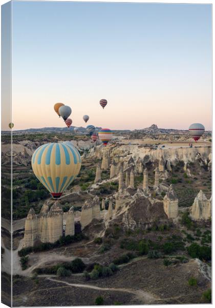 Colorful hot air balloons in the sunrise autumn morning. Goreme National Park, Cappadocia, Turkey. Aerial view Canvas Print by Arpan Bhatia