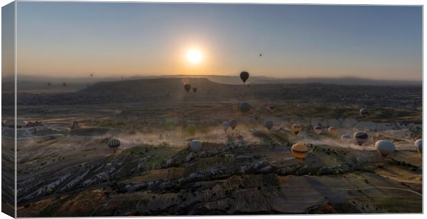 Panoramic view of bunch of colorful hot air balloon flying again Canvas Print by Arpan Bhatia