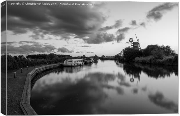 Black and white Norfolk Broads Turf Fen windmill Canvas Print by Christopher Keeley