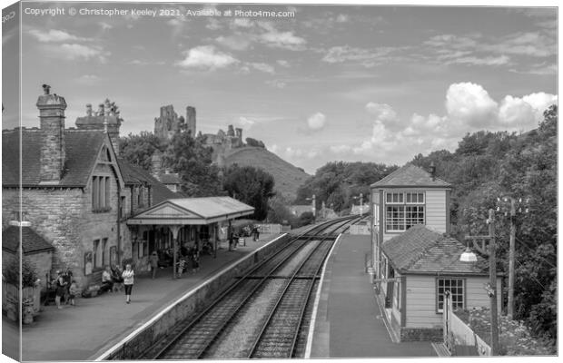 Monochrome Corfe Castle railway station Canvas Print by Christopher Keeley