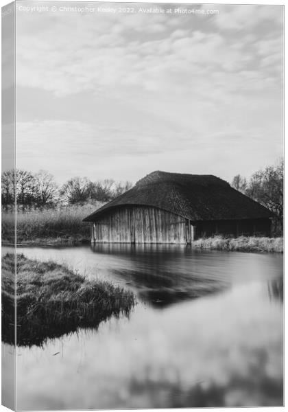 Hickling Broad boat house in monochrome Canvas Print by Christopher Keeley