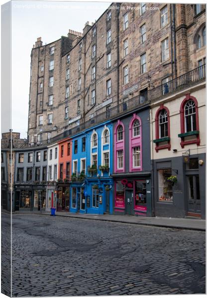 Colourful shop row on Victoria Street, Edinburgh Canvas Print by Christopher Keeley