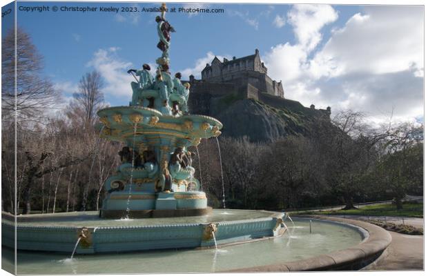 Ross Fountain in Edinburgh and castle views Canvas Print by Christopher Keeley