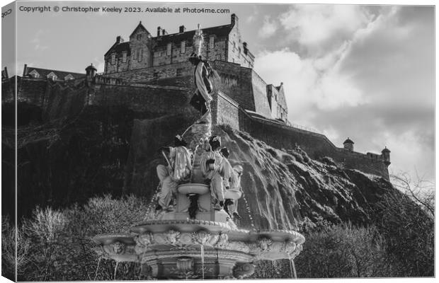 Edinburgh Castle and Ross Fountain views in black and white Canvas Print by Christopher Keeley