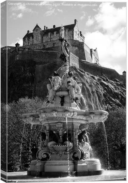 Edinburgh Castle and Ross Fountain in monochrome Canvas Print by Christopher Keeley