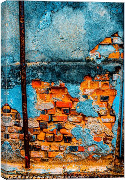 A damaged brick wall in digital brown turquoise bl Canvas Print by Hanif Setiawan