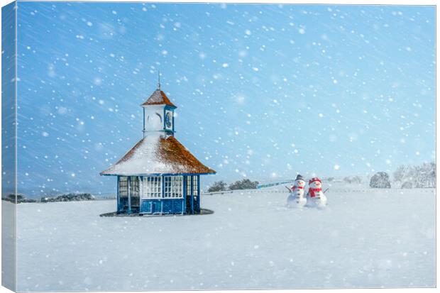 Snowy day at Frinton with cute snowmen Canvas Print by Paula Tracy