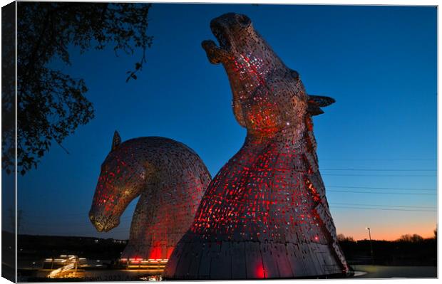 The Kelpies At Night in Red Canvas Print by claire chown